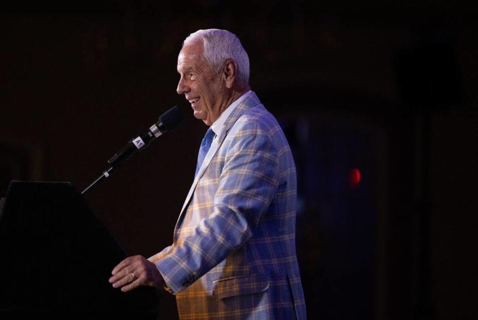 Former UNC Basketball coach Roy Williams speaks during the Charlotte Touchdown Club’s “Legends of the Game” Speaker Series Luncheon in Charlotte, N.C., on Friday, June 28, 2024.