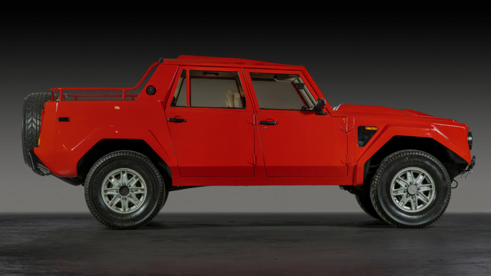 A red 1991 Lamborghini LM002.