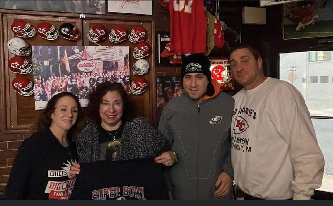 Laura Sessa, Maureen Del-Corio Fratantoni, James Joseph Fratantoni III and Michael Puggi pose inside Big Charlie’s Saloon in South Philadelphia on Wednesday ahead of the Chiefs-Eagles Super Bowl matchup on Sunday.