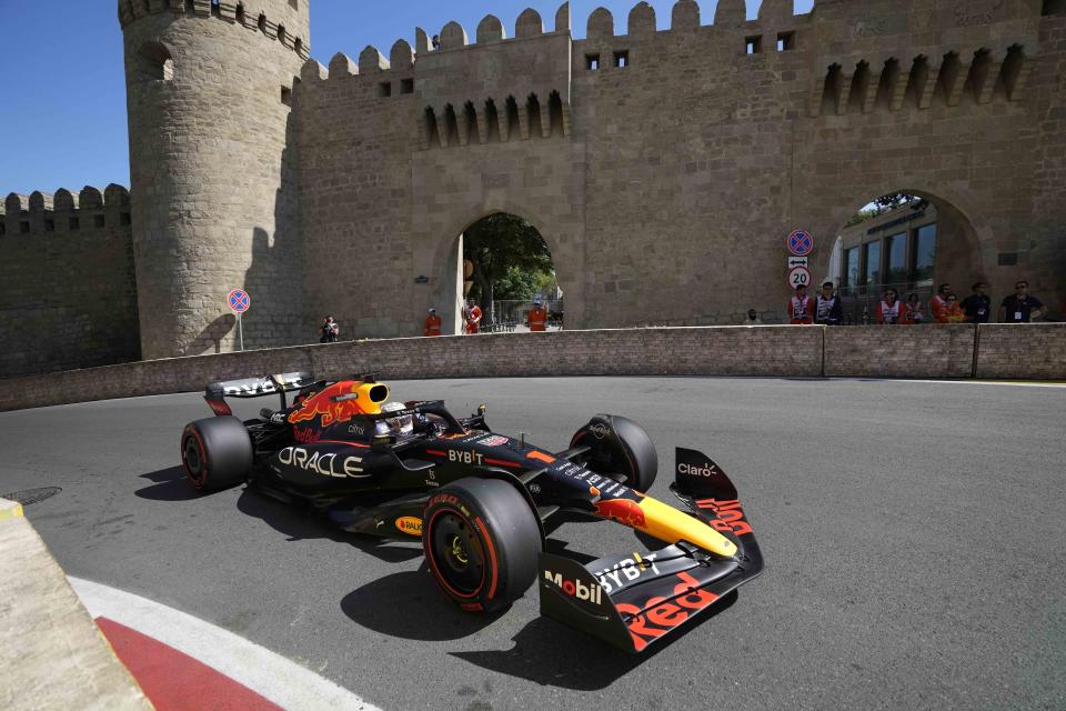 Red Bull driver Max Verstappen of the Netherlands steers his car during the first free practice at the Baku circuit, in Baku, Azerbaijan, Friday, June 10, 2022. The Formula One Grand Prix will be held on Sunday. (AP Photo/Sergei Grits)