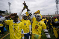 Supporters of Kenyan presidential candidate William Ruto celebrate at his final electoral campaign rally at Nyayo stadium in Nairobi, Kenya Saturday, Aug. 6, 2022. Kenya is due to hold its general election on Tuesday, Aug. 9 as the East Africa's economic hub chooses a successor to President Uhuru Kenyatta. (AP Photo/Ben Curtis)