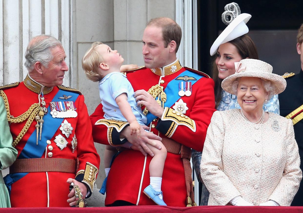 Prince Charles, little Prince George, Prince William, Kate Middleton, and Queen Elizabeth II