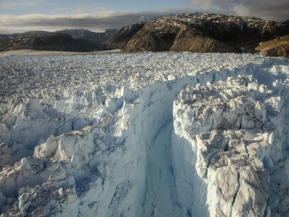 A large crevasse forms near the calving front of the Helheim glacier near Tasiilaq, Greenland, June 22, 2018.