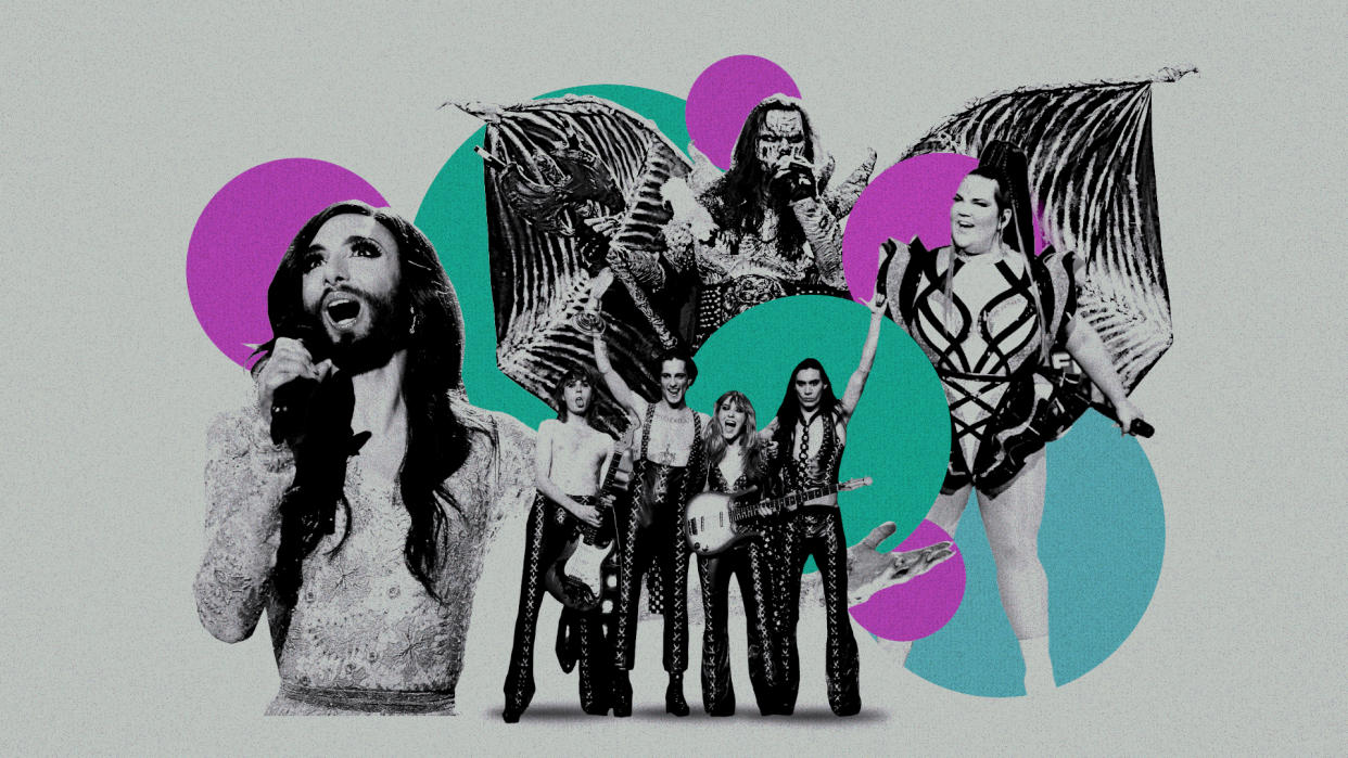 Recent Eurovision winners, clockwise: Finland's Lordi, Israel's Netta, Italiy's Måneskin, Austria's Conchita Wurst (Photos: Getty / Illustration: Blas Bulnes)