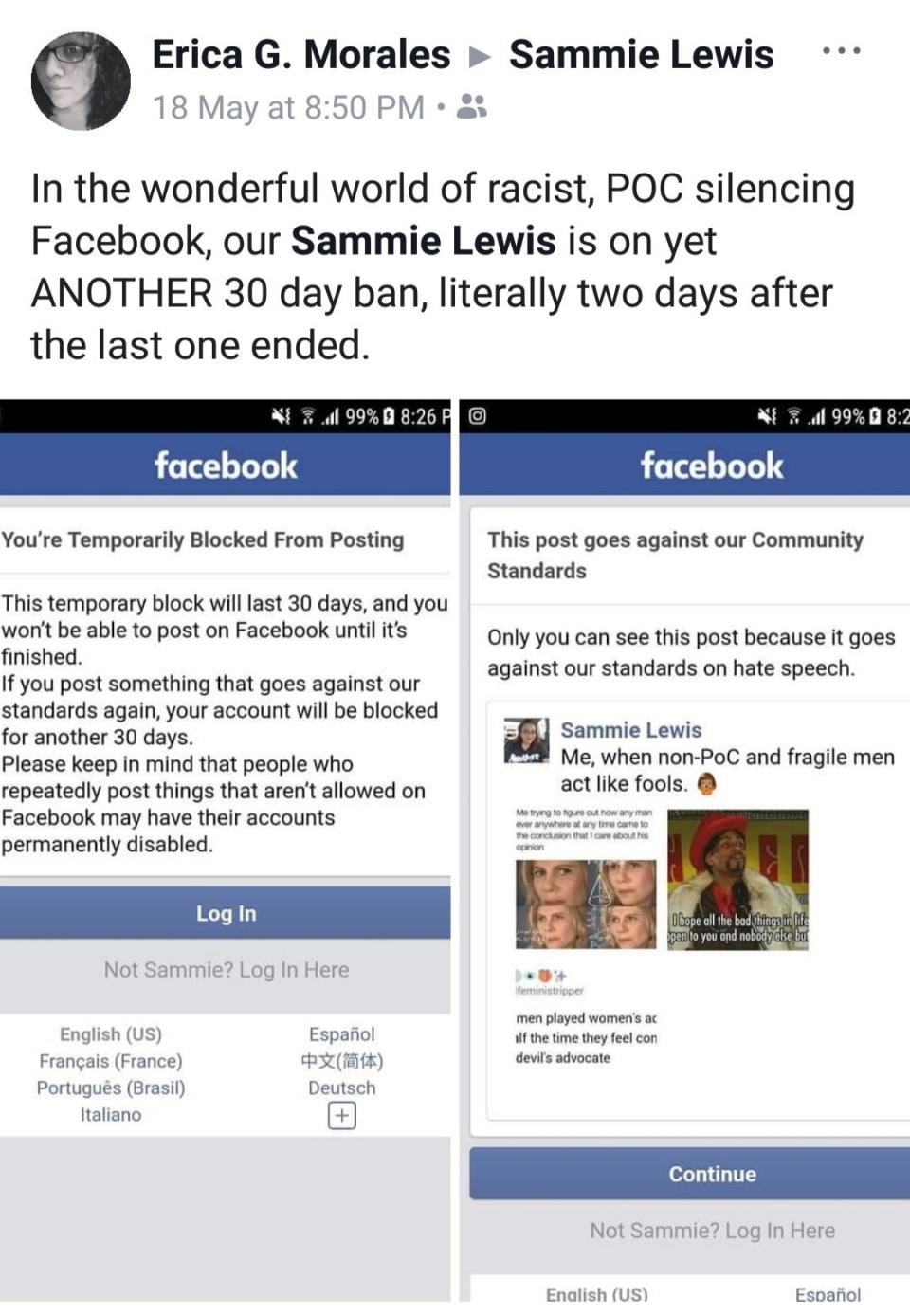 "It basically says that we don't matter. The harm being caused to us perpetually, constantly is nothing to (Facebook)," Samreen "Sammie" Lewis says. "They'd much rather shut us up for their own comfort than acknowledge the harm they are causing."