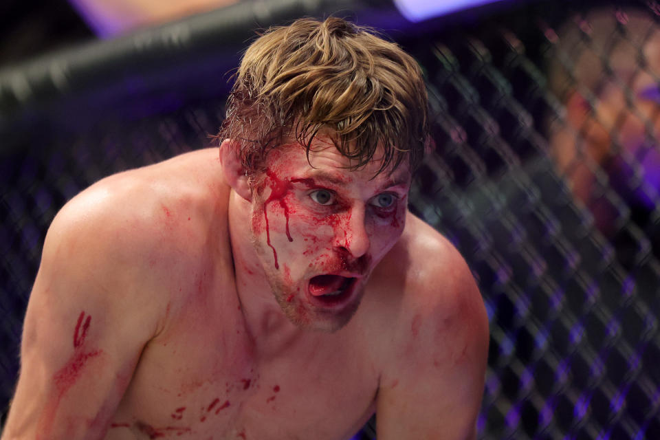 LAS VEGAS, NEVADA - DECEMBER 10: Bryce Mitchell reacts after being submitted by Ilia Topuria in a featherweight fight during the UFC 282 event at T-Mobile Arena on December 10, 2022 in Las Vegas, Nevada. (Photo by Carmen Mandato/Zuffa LLC)