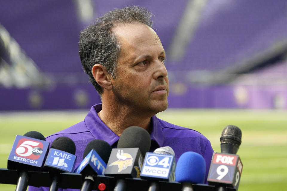 Minnesota Vikings owner Mark Wilf speaks to the media during the NFL football team's training camp at US Bank Stadium in Minneapolis, Friday, July 29, 2022. (AP Photo/Abbie Parr)