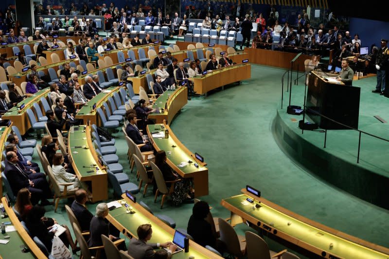 President of Ukraine Volodymyr Zelensky urges unity against Russian aggression during a speech Tuesday at the U.N. General Assembly 78th session General Debate in U.N. General Assembly Hall at the United Nations Headquarters in New York City. Photo by Jason Szenes/UPI