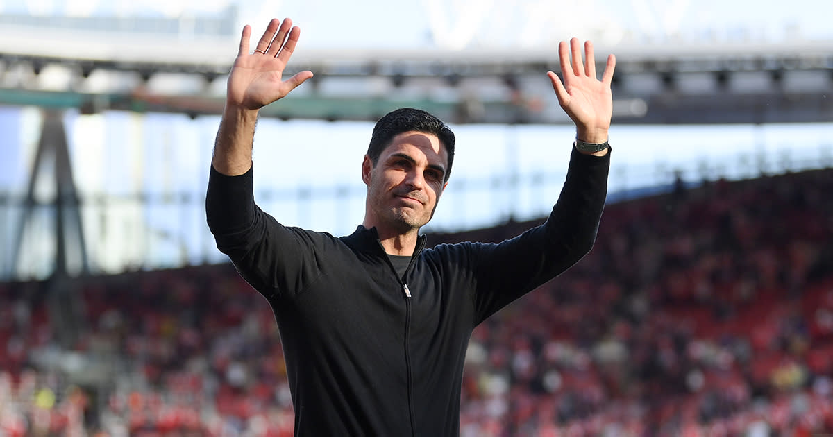  Arsenal manager Mikel Arteta acknowledges fans after the Premier League match between Arsenal FC and Wolverhampton Wanderers at Emirates Stadium on May 28, 2023 in London, England. 