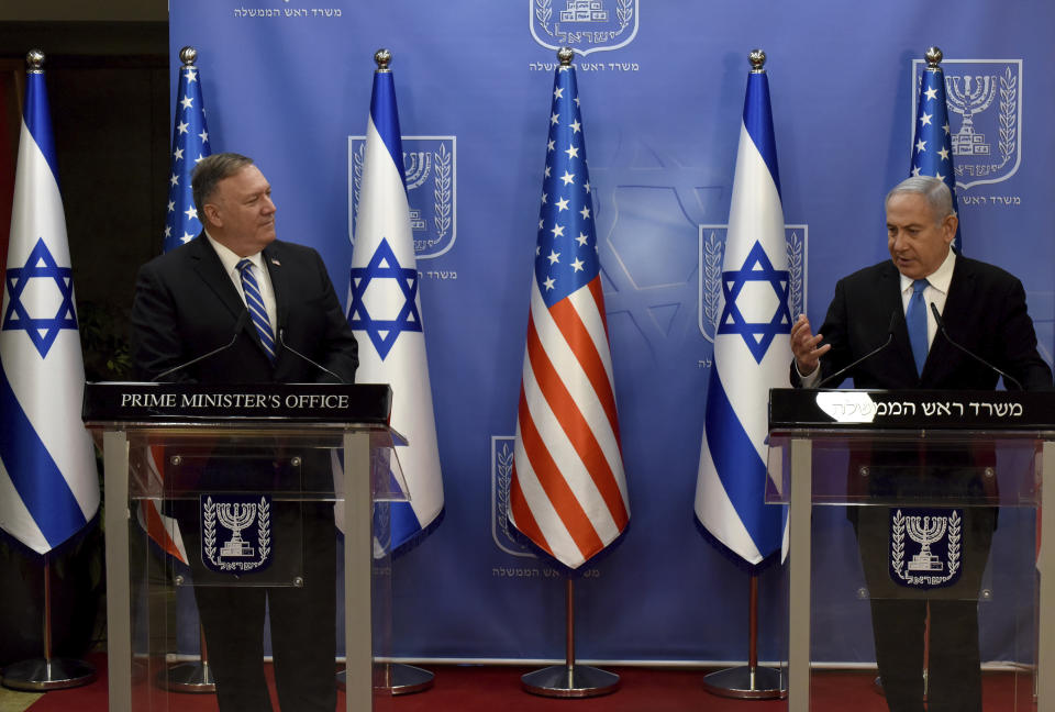 U.S. Secretary of State Mike Pompeo, left, and Israeli Prime Minister Benjamin Netanyahu make joint statements to the press after meeting, in Jerusalem, Monday, Aug. 24, 2020. (Debbie Hill/Pool via AP)