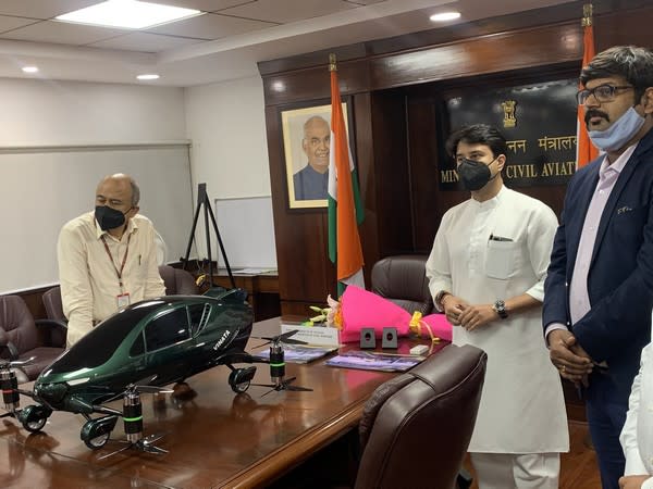 Union Civil Aviation Minister Jyotiraditya Scindia reviewing the model of Hybrid flying car on Monday.