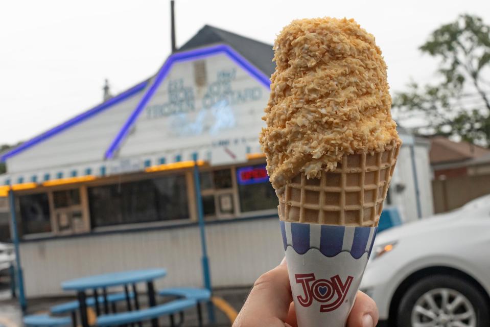 Vanilla custard with toasted coconut topping at Bob-Jo’s Frozen Custard in Wyandotte, Mich., on July 15, 2023.