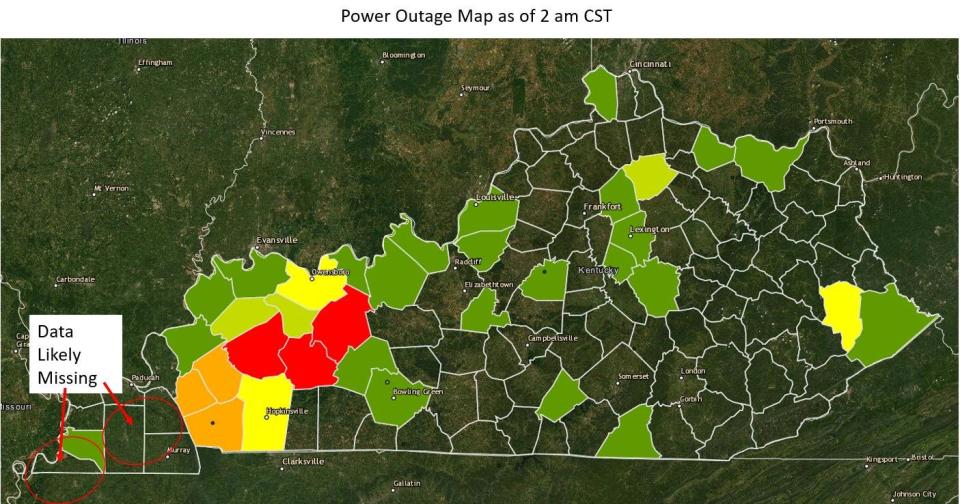 Early power outages from the tornado damage overnight Dec. 10, 2021.