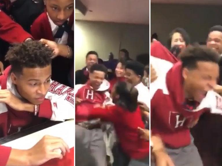 Emotional moment teenager finds out he's won Harvard University place