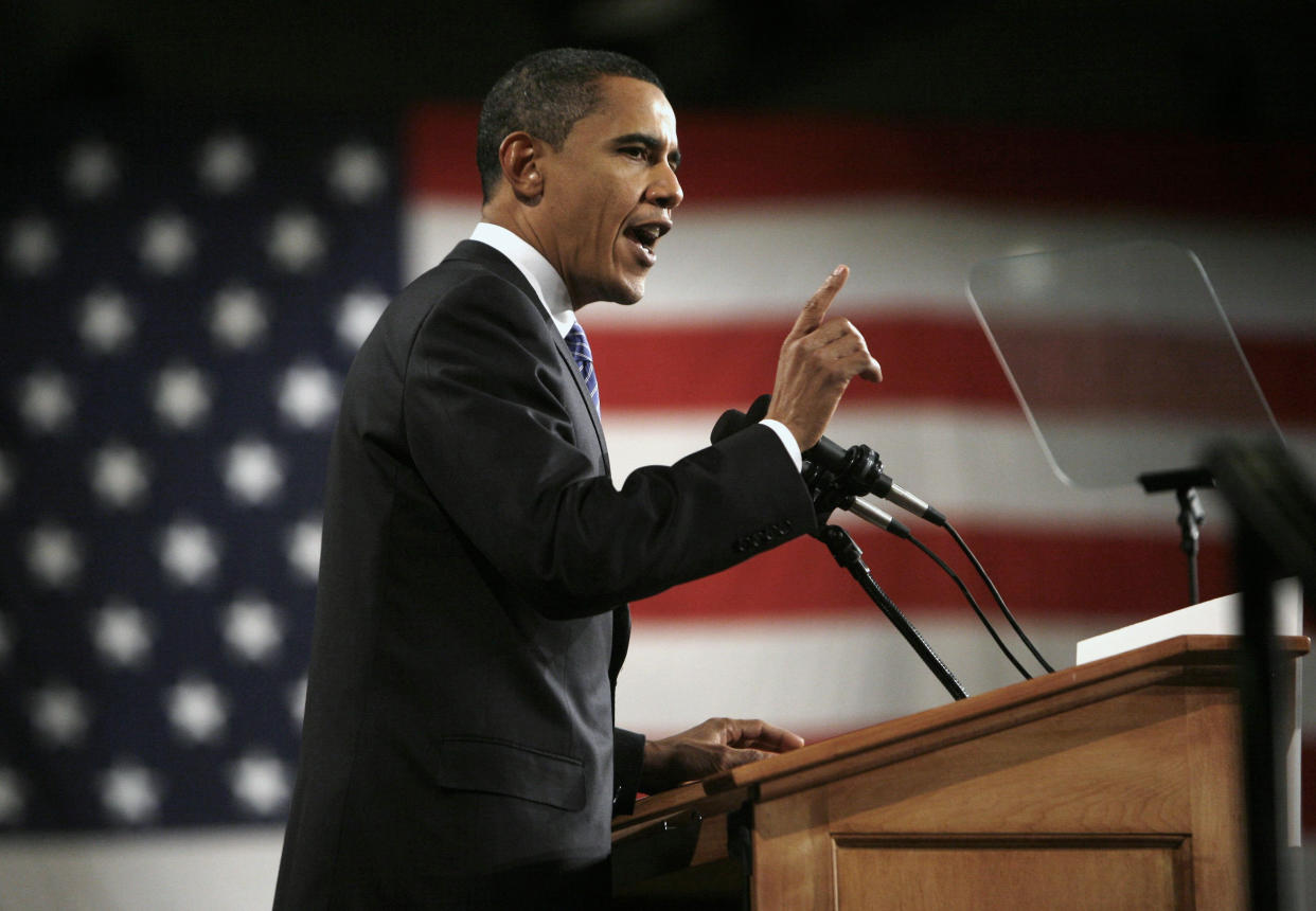 Then-Democratic presidential candidate Barack Obama speaks after winning the Iowa caucus on Jan. 3, 2008. He won in part thanks to a record-breaking turnout.