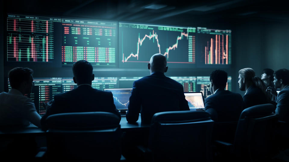 A group of analysts studying data on a large monitor.