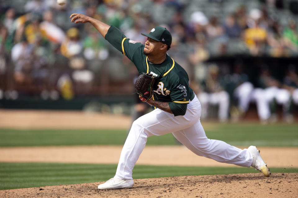 Oakland Athletics pitcher Frankie Montas delivers against the San Francisco Giants during the ninth inning of an exhibition baseball game, Sunday, March 24, 2019, in Oakland, Calif. The A's defeated the Giants 5-0. (AP Photo/D. Ross Cameron)