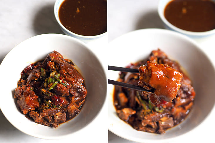 The dry 'bak kut teh' is fragrant and incredibly addictive with a bowl of rice (left). The pork trotters in the dry 'bak kut teh' had a beautiful gelatinous texture (right)