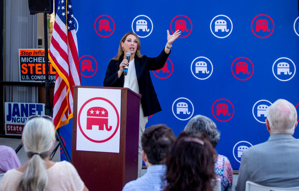 Republican National Committee Chairwoman Ronna McDaniel speaks at a rally ahead of the November elections in Newport Beach, Calif., on Sept. 26, 2022.<span class="copyright">Allen J. Schaben—Los Angeles Times/Getty Images</span>