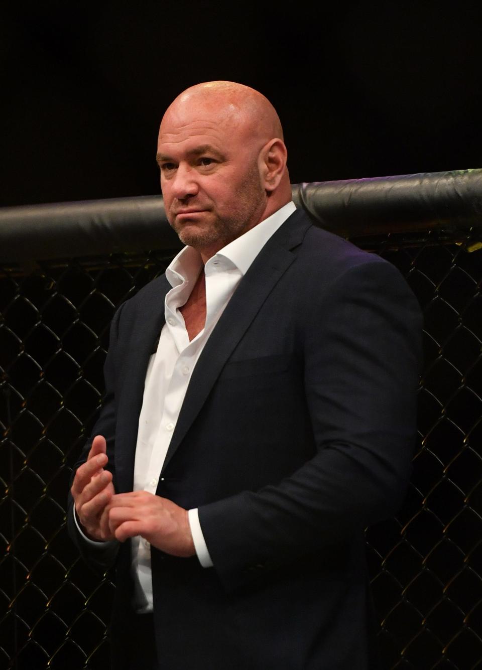 Dana White in the octagon after a fight in May.