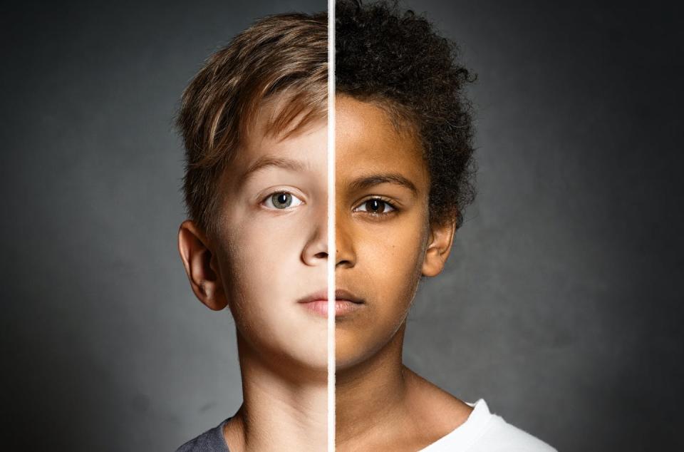 A composite photo of a black child and a white child's face.