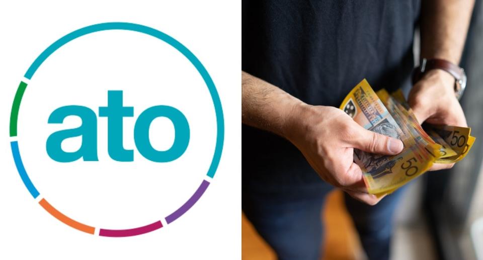 Man counts Australian cash alongside ATO logo