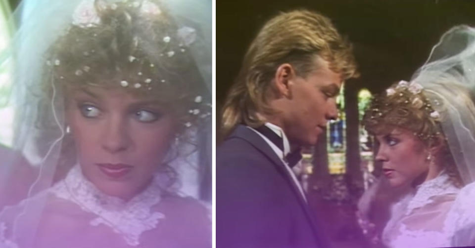 L: A close up of Kylie in her wedding outfit from the 80s. R: A photo of Kylie and Jason being married on screen