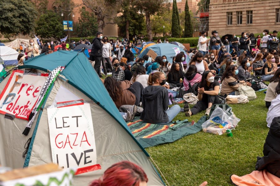 LOS ANGELES, CALIFORNIA – APRIL 25: Pro-Palestinian students gather to protest against Israeli attacks on Gaza at University of California (UCLA) in Los Angeles, California, United States on April 25, 2024. (Photo by Grace Hie Yoon/Anadolu via Getty Images)