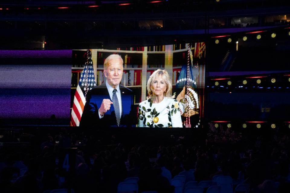 President Biden and First Lady Jill Biden appear on-screen during the Vax Live concert