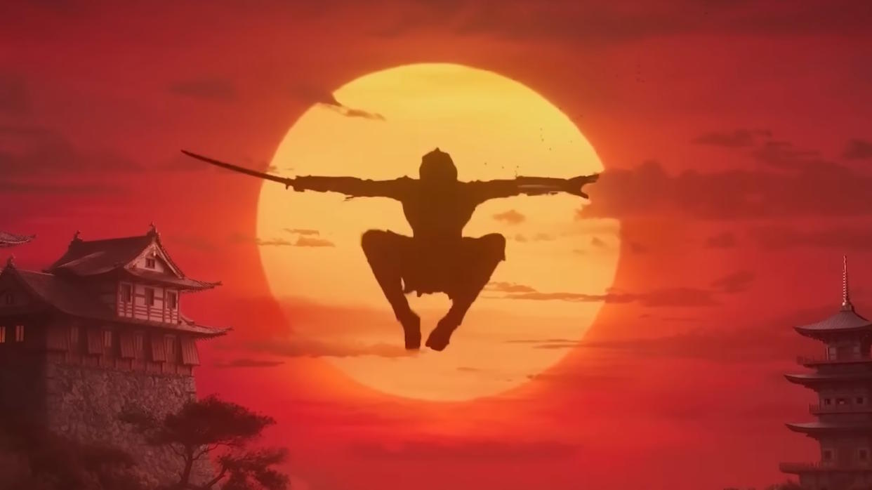  Assassin's Creed Shadows promo still from Assassin's Creed Red teaser: A ninja leaping through the air, ninja-style, in front of a large setting sun. 