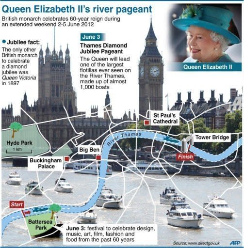 Events taking place in London during the holiday weekend marking Queen Elizabeth II's diamond jubilee, including the route of the 1,000-boat river pageant. Britons have begun four days of festivities for the queen's diamond jubilee, turning out in droves for events around the country in a surge of enthusiasm for the monarchy