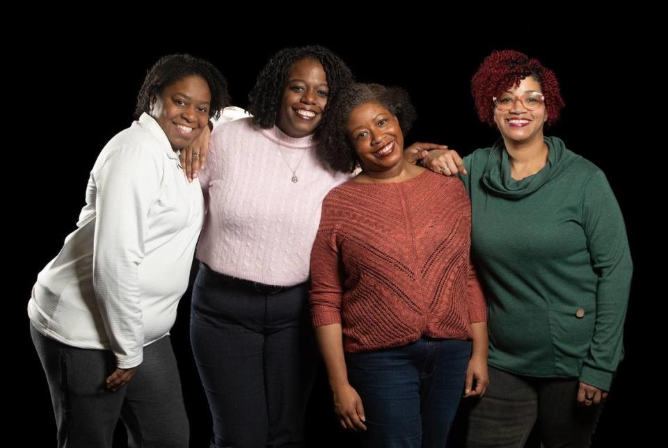 South Puget Sound Community College’s “Variations on Falling” stars, from left, Raessa Patterson, Andrea Weston-Smart and Laurice Roberts. With the actors is director Lydia K. Valentine.