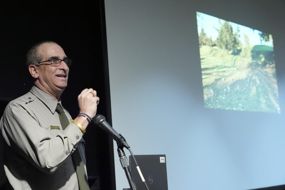 Vicksburg National Military Park chief archaeologist John Schweikart speaks about the importance of remembering the 1864 massacre at Ross Landing, Arkansas, and the Black and white Union troops who were killed or wounded there, during a Remembrance and Libation Ceremony at Vicksburg National Military Park, Feb. 17, 2024, in Vicksburg, Miss. (AP Photo/Rogelio V. Solis)