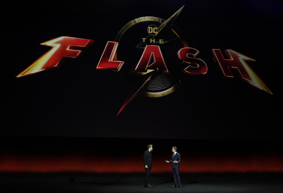 Andy Muschietti, left, director of the upcoming film "The Flash," discusses the film alongside Peter Safran, co-chairman and CEO of DC Studios, during the Warner Bros. Pictures presentation at CinemaCon 2023, the official convention of the National Association of Theatre Owners (NATO)