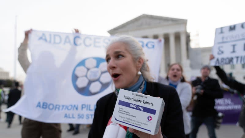 Abortion-rights activists rally outside of the Supreme Court, Tuesday, March 26, 2024, in Washington. The Supreme Court is hearing arguments in its first abortion case since conservative justices overturned the constitutional right to an abortion two years ago. At stake in Tuesday's arguments is the ease of access to a medication that was used in nearly two-thirds of all abortions in the U.S. last year.