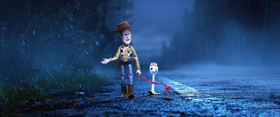 TOY STORY 4, from left: Woody (voice: Tom Hanks), Forky (voice: Tony Hale), 2019. © Walt Disney Studios Motion Pictures / courtesy Everett Collection
