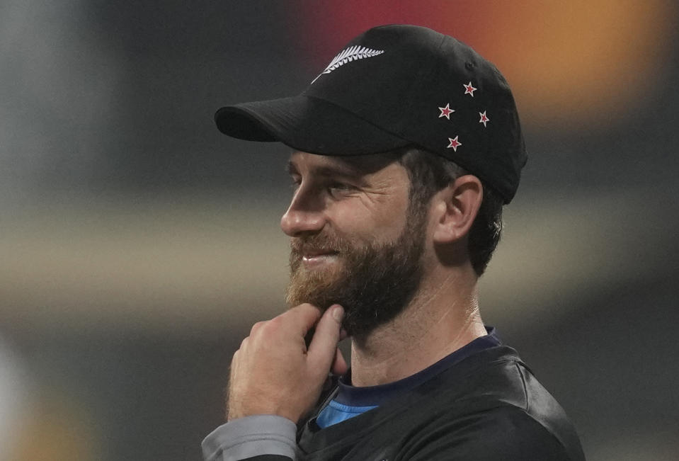 New Zealand's captain Kane Williamson gestures after his team lost against India by 70 runs during the ICC Men's Cricket World Cup first semi final match in Mumbai, India, Wednesday, Nov. 15, 2023. (AP Photo/Rafiq Maqbool)