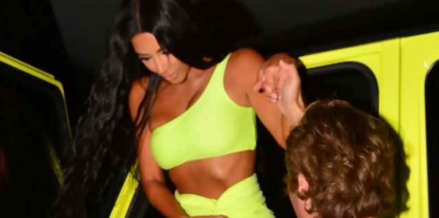 Kim Kardashian wardrobe malfunction neon dress Miami