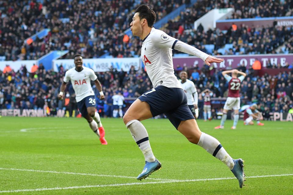 Tottenham Hotspur's South Korean striker Son Heung-Min celebrates scoring his team's third goal during the English Premier League football match between Aston Villa and Tottenham Hotspur at Villa Park in Birmingham, central England on February 16, 2020. (Photo by JUSTIN TALLIS / AFP) / RESTRICTED TO EDITORIAL USE. No use with unauthorized audio, video, data, fixture lists, club/league logos or 'live' services. Online in-match use limited to 120 images. An additional 40 images may be used in extra time. No video emulation. Social media in-match use limited to 120 images. An additional 40 images may be used in extra time. No use in betting publications, games or single club/league/player publications. /  (Photo by JUSTIN TALLIS/AFP via Getty Images)