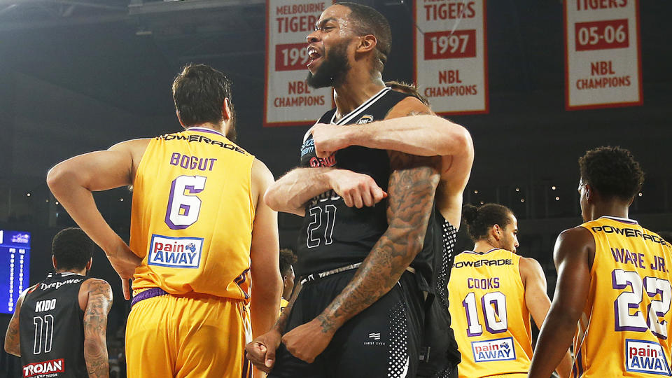 Shawn Long, pictured here celebrating after being fouled by Andrew Bogut in the NBL finals.