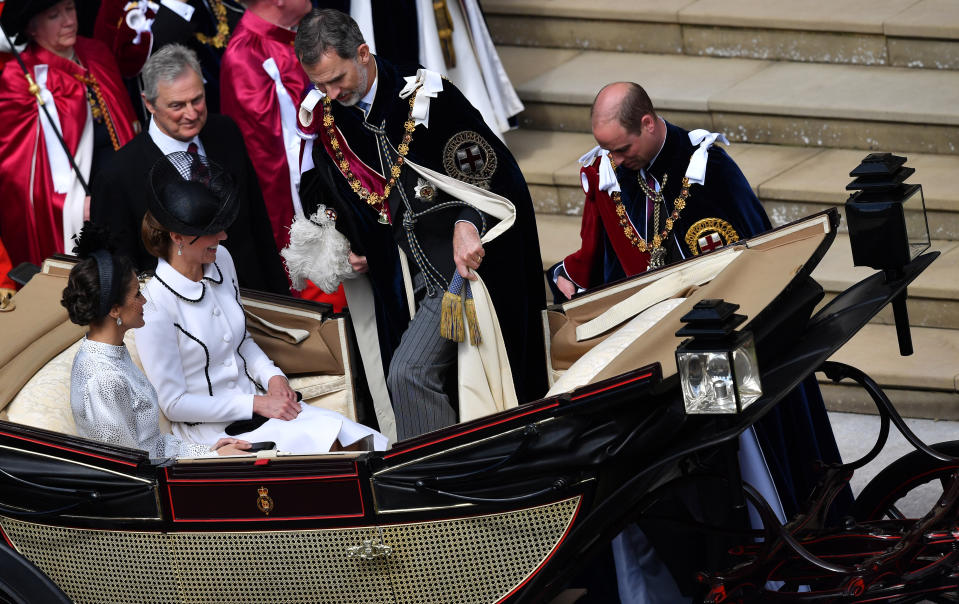 WINDSOR, ENGLAND - JUNE 17: Catherine, Duchess of Cambridge, Prince William, Duke of Cambridge, King Felipe of Spain and Queen Letizia of Spain leave the Order of the Garter Service on June 17, 2019 in Windsor, England. The Order of the Garter is the senior and oldest British Order of Chivalry, founded by Edward III in 1348. The Garter ceremonial dates from 1948, when formal installation was revived by King George VI for the first time since 1805. (Photo by Ben Stansall - WPA Pool/Getty Images)