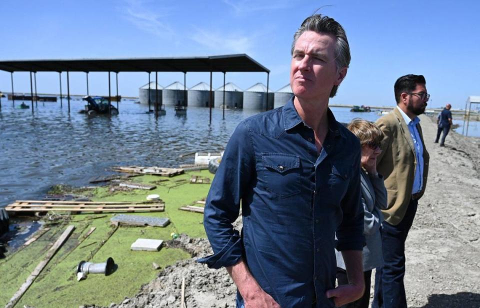 California Governor Gavin Newsom gazes into the sky as a birds fly by including a pair of pelicans after speaking at Hansen Ranches surrounded by flooded land along 6th Avenue Tuesday afternoon, April 25, 2023 just south of Corcoran, CA.