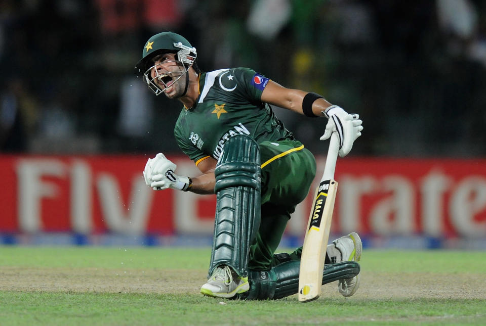 COLOMBO, SRI LANKA - SEPTEMBER 28: Umar Akmal of Pakistan celebrates as Pakistan wins the super eight match between Pakistan and South Africa at R. Premadasa Stadium on September 28, 2012 in Colombo, Sri Lanka. (Photo by Pal Pillai/Getty Images)