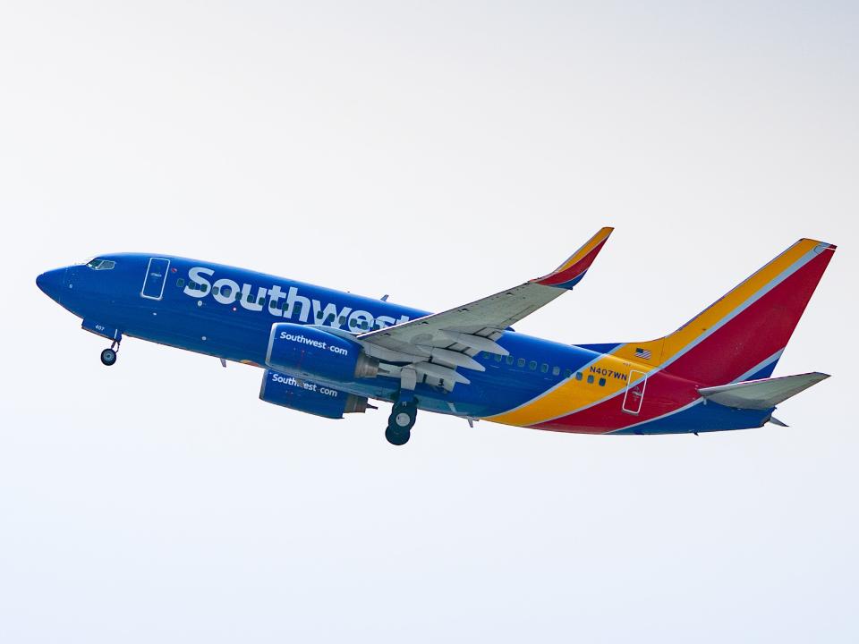 Southwest Airlines Boeing 737-7H4 takes off from Hollywood Burbank Airport.
