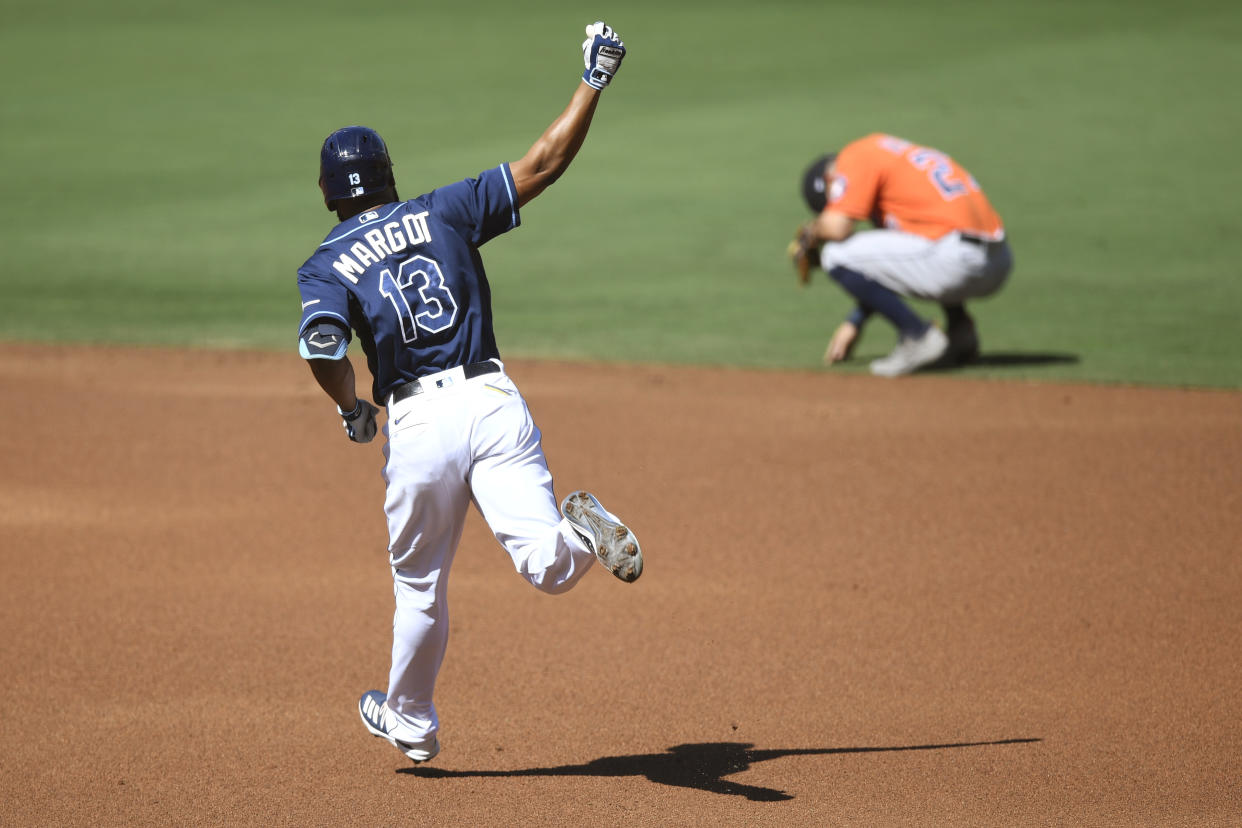 Manuel Margot's first-inning homer was all the Rays needed to be beat the Astros in ALCS Game 2. (Photo by Matt Thomas/MLB Photos via Getty Images)