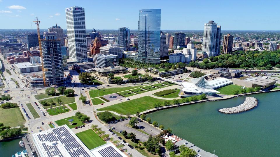 The downtown Milwaukee skyline is seen including the US Bank building, the Northwestern Mutual building, the Milwaukee Art Museum, and the under construction 44-story Couture high-rise apartment project (far left) in Milwaukee on Wednesday, Aug. 30, 2023.