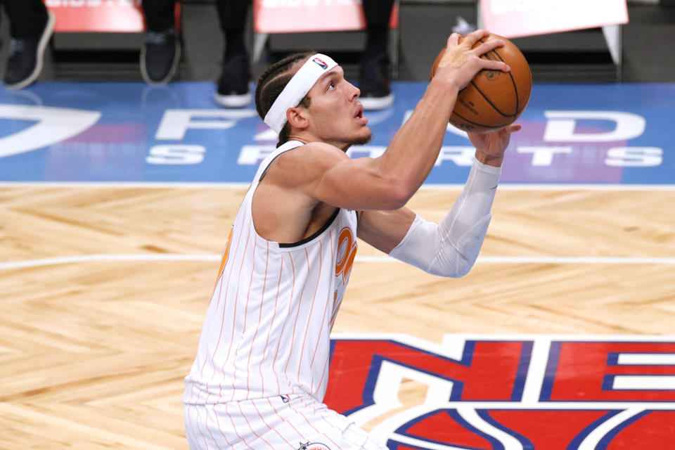 Aaron Gordon #00 of the Orlando Magic shoots during the second half against the Brooklyn Nets at Barclays Center on January 16, 2021 in the Brooklyn borough of New York City. NOTE TO USER: User expressly acknowledges and agrees that, by downloading and or using this Photograph, user is consenting to the terms and conditions of the Getty Images License Agreement. (Photo by Sarah Stier/Getty Images)