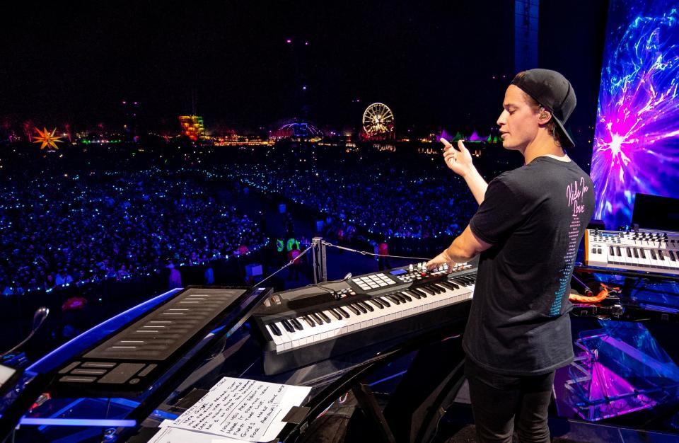 Kygo ending his Coachella set with an Avicii tribute in 2018 (Getty Images)