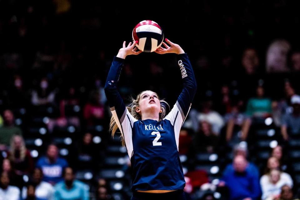 Taylor Polivka sets during the 6A UIL state semifinal between Keller and Katy Tompkins at the Curtis Culwell Center in Garland on November 18th, 2022.