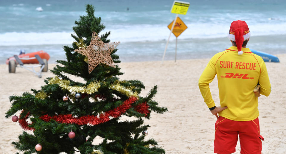 Christmas tree and surf rescuer on Bondi Beach, Sydney.